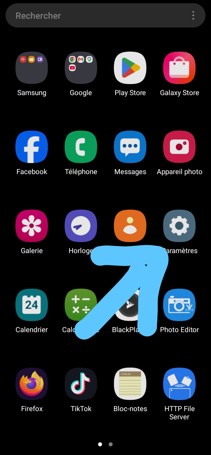 Etape 1 : Cliquez sur "paramètres"